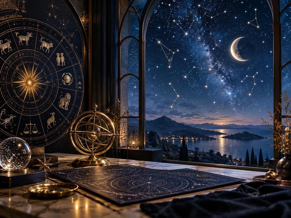 Observatorium und Sternenhimmel als Symbol für Astrologie