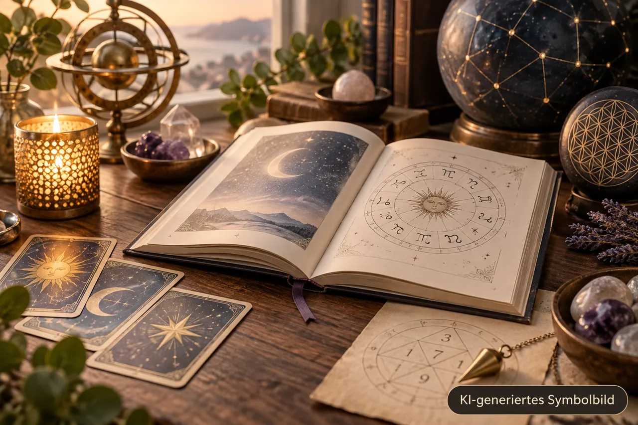 Buch, astrologischer Kreis, Karten und Zahlen als Überblick über die Astrowelt-Ratgeber